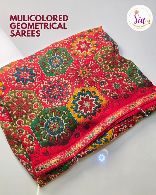Peach - Multicolored Geometrical Hexagonal Mandala Printed Sarees