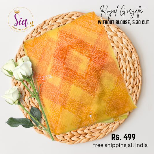 Bandhej Geometrical Designs - YELLOW - Royal Gorgette without blouse sarees