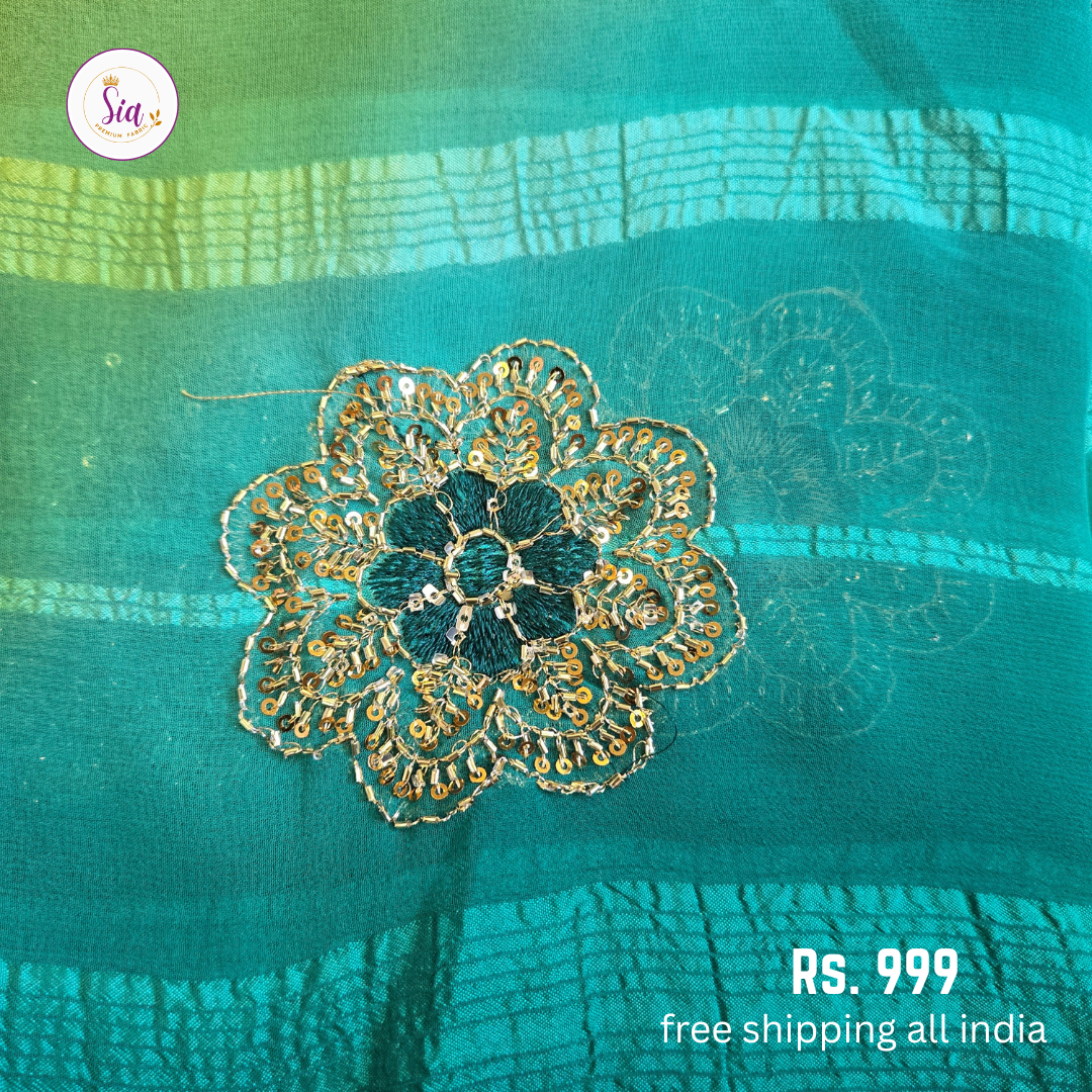 Blue - Chiffon Sarees - With blouse - With Embroidry butta