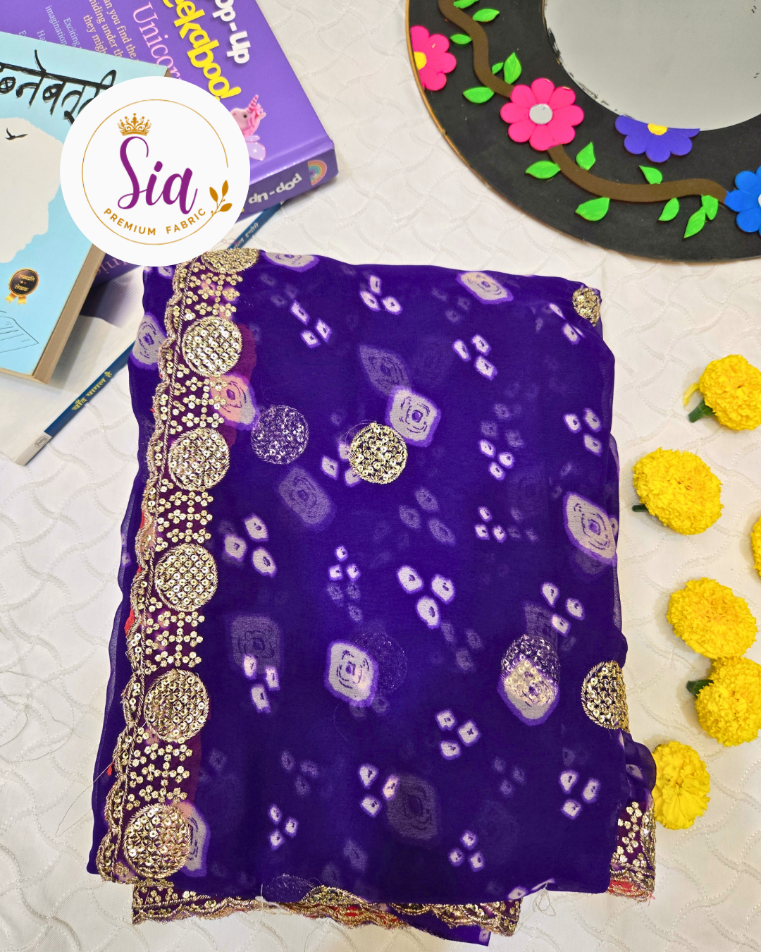 Purple - Pure BANDHEJ Chiffon - Three layer bordered Sarees