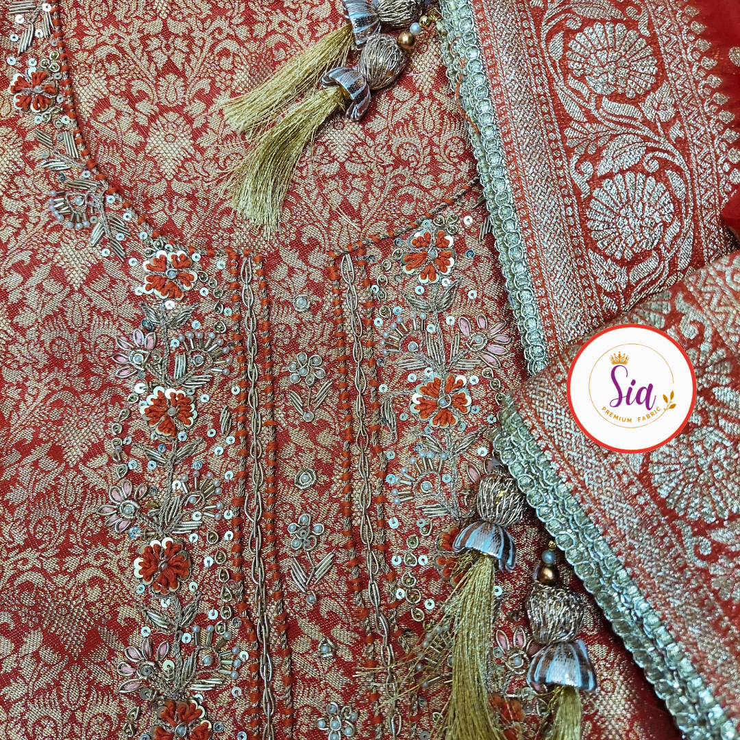 Stunning Pure Jamawar Banarasi Weave Shirt in a rich Rust hue