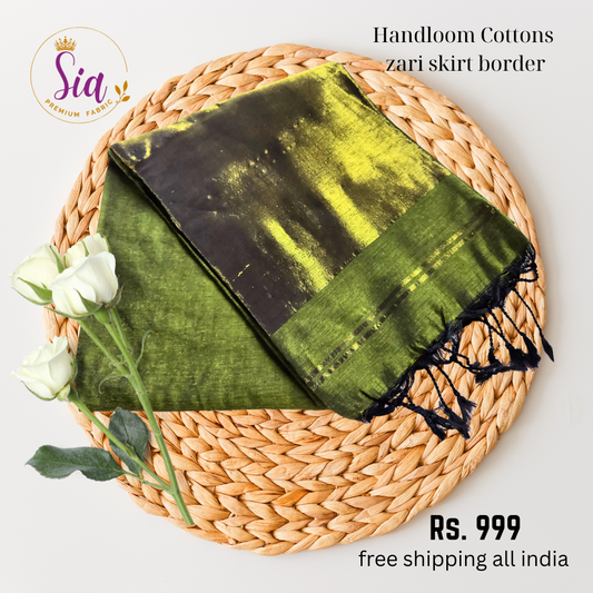 Olive Green with Zari border - Handloom khadi cotton sarees