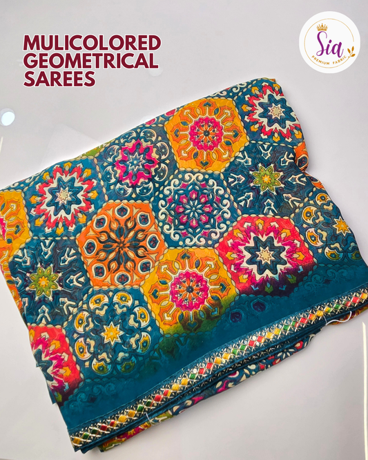 Blue - Multi Geometrical Hexagonal Mandala Printed Sarees