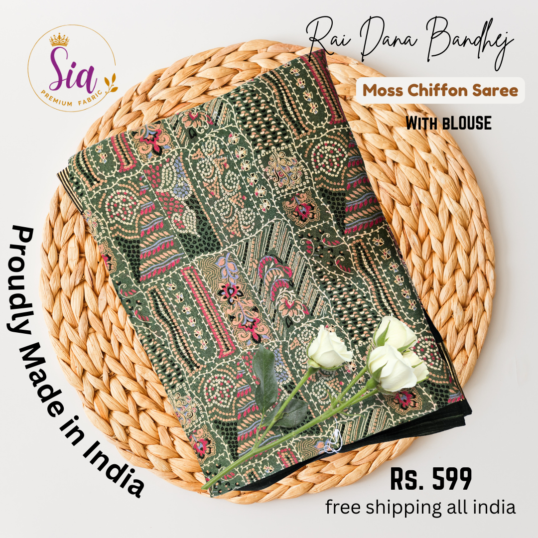 Rai dana Bandhej prints Moss chiffon saree with satin borders
