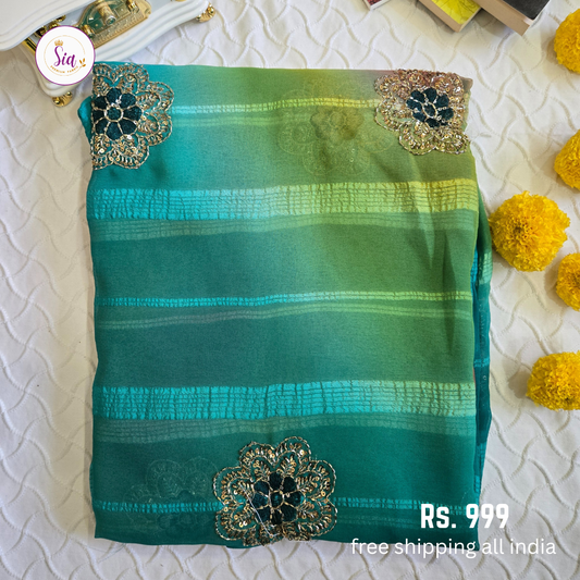 Blue - Chiffon Sarees - With blouse - With Embroidry butta
