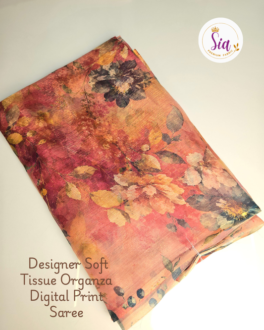 Pastle Pale Orange / Peach Floral- Sia Designer Soft Tissue Organza Digital Print Saree