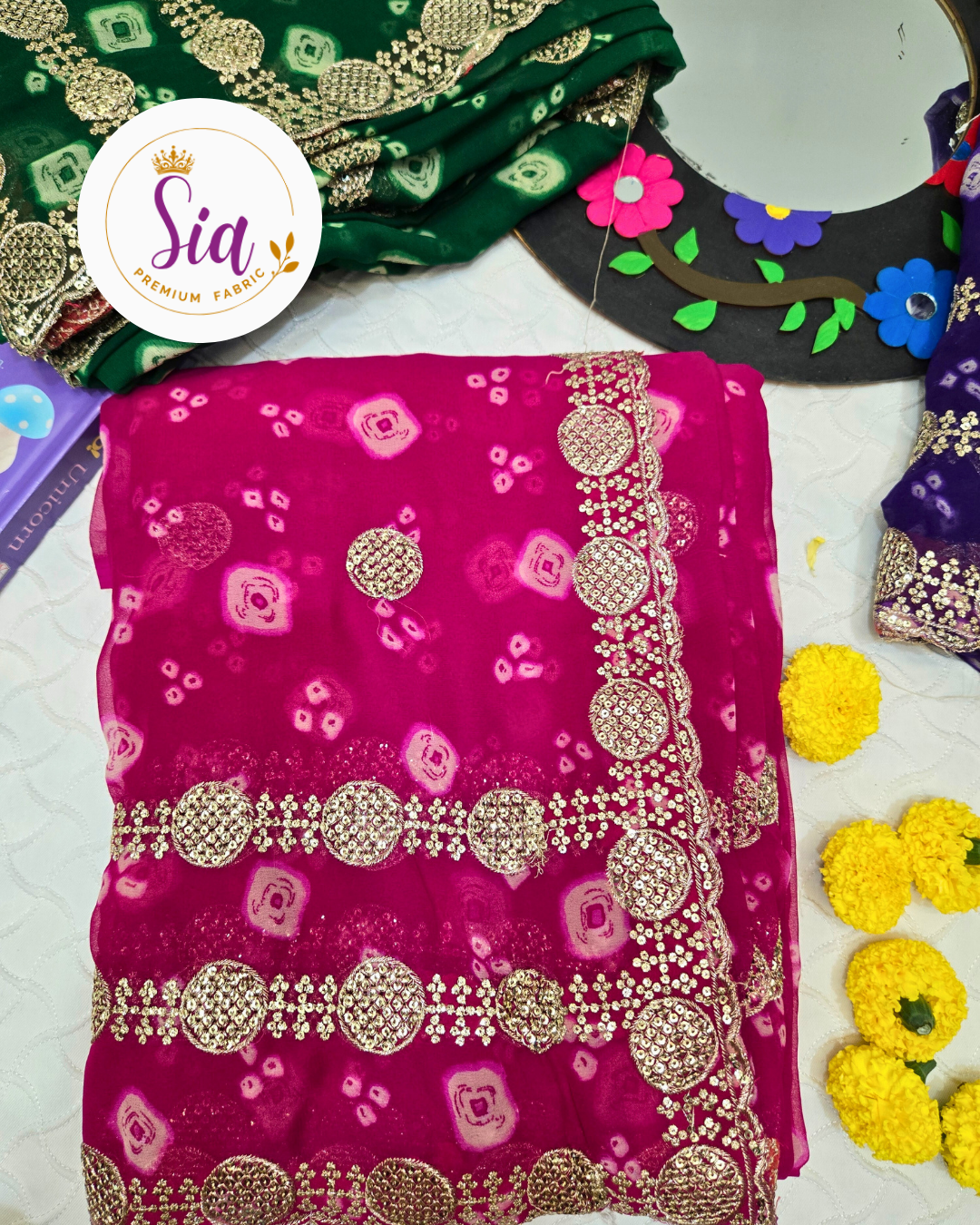 Pink - Pure BANDHEJ Chiffon - Three layer bordered Sarees