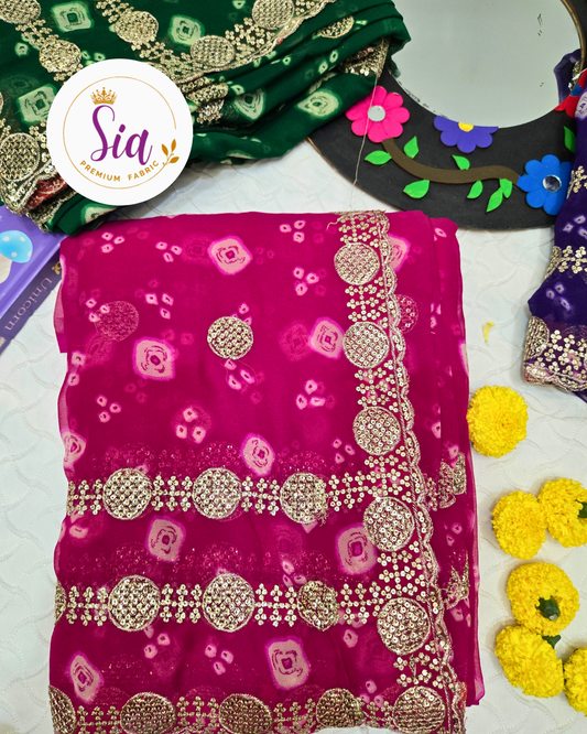 Pink - Pure BANDHEJ Chiffon - Three layer bordered Sarees