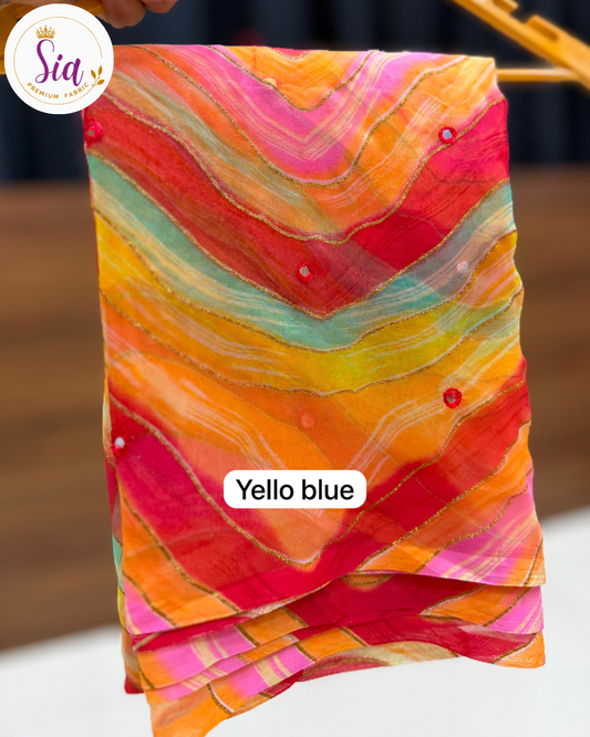 Yellow/Blue Premium Soft Chiffon Saree