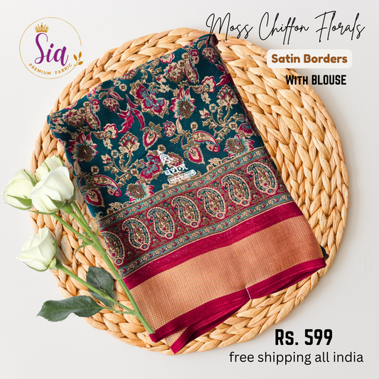 Dark Green and Maroon Borders - Floral prints Moss chiffon