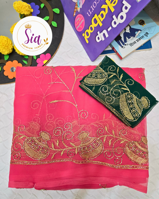 Fuchsia Peach Pink, Kumbh All-Over Embroidered Saree