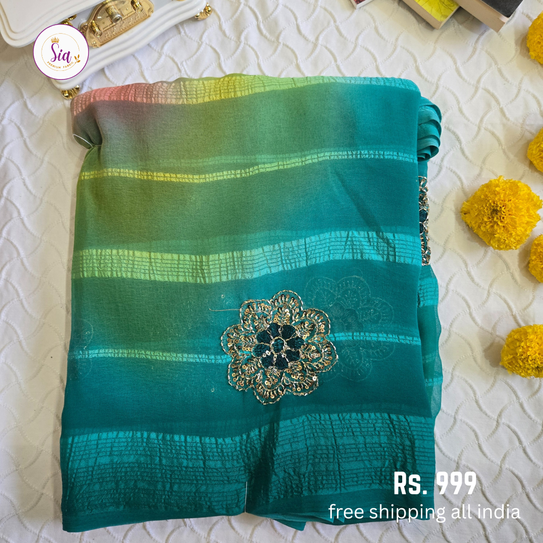 Blue - Chiffon Sarees - With blouse - With Embroidry butta