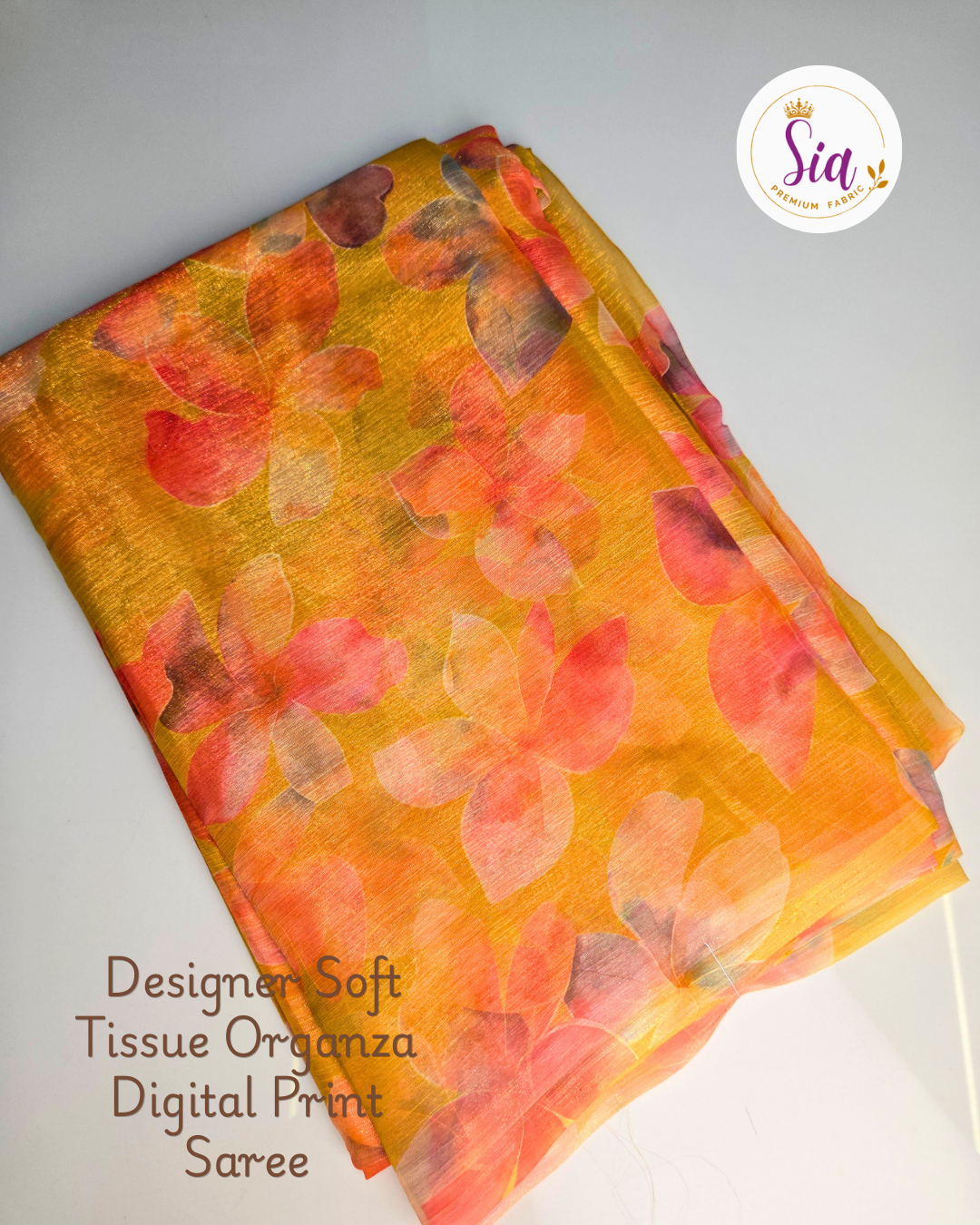 Yellow Gold Floral- Sia Designer Soft Tissue Organza Digital Print Saree