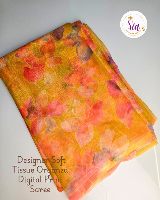Yellow Gold Floral- Sia Designer Soft Tissue Organza Digital Print Saree