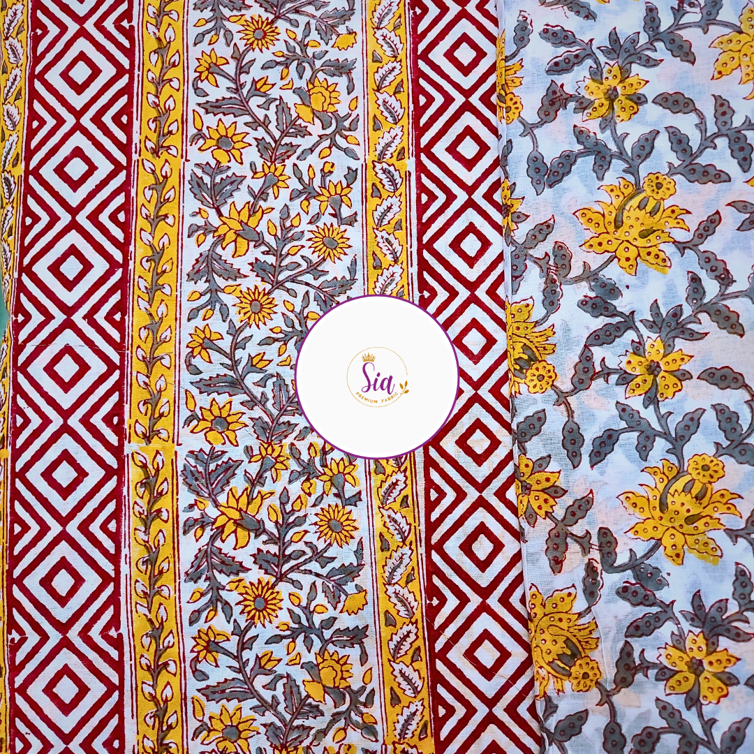 Striking blend of geometric maroon patterns with vibrant yellow floral handblock prints on soft mul-mul cotton - Sia Premium Fabric