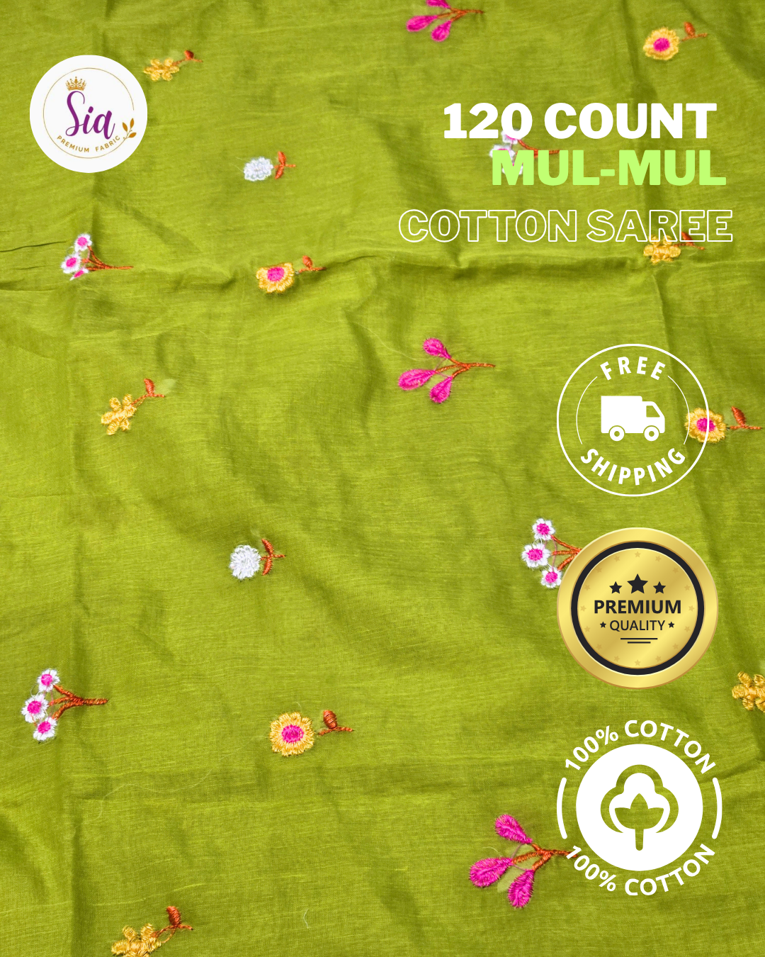 Green - Mul-Mul cotton, 120 thread count with embroidered floral motifs.
