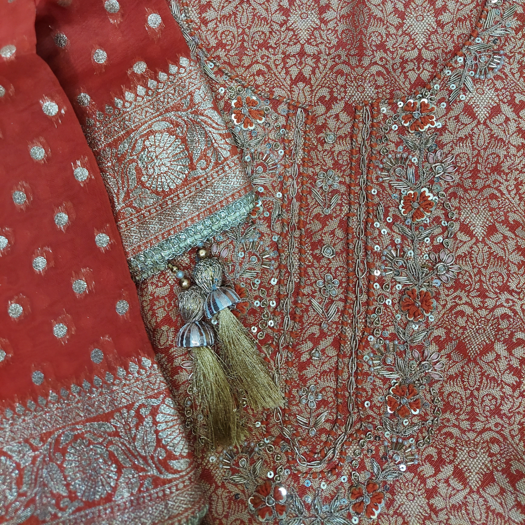 Stunning Pure Jamawar Banarasi Weave Shirt in a rich Rust hue