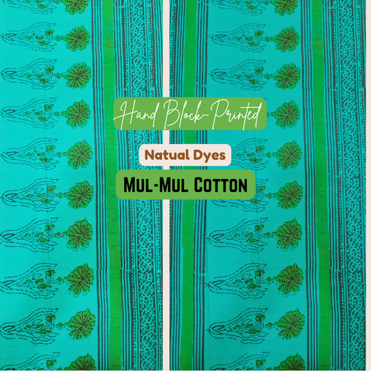 Vibrant green saree with intricate floral block prints in deep indigo tones