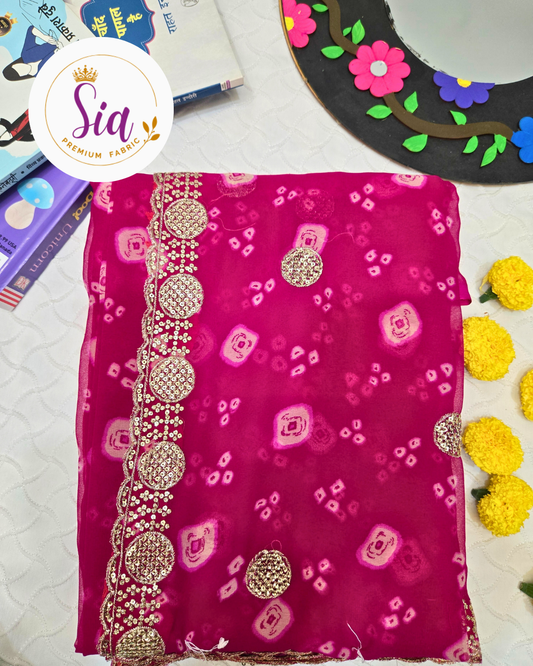 Pink - Pure BANDHEJ Chiffon - Three layer bordered Sarees