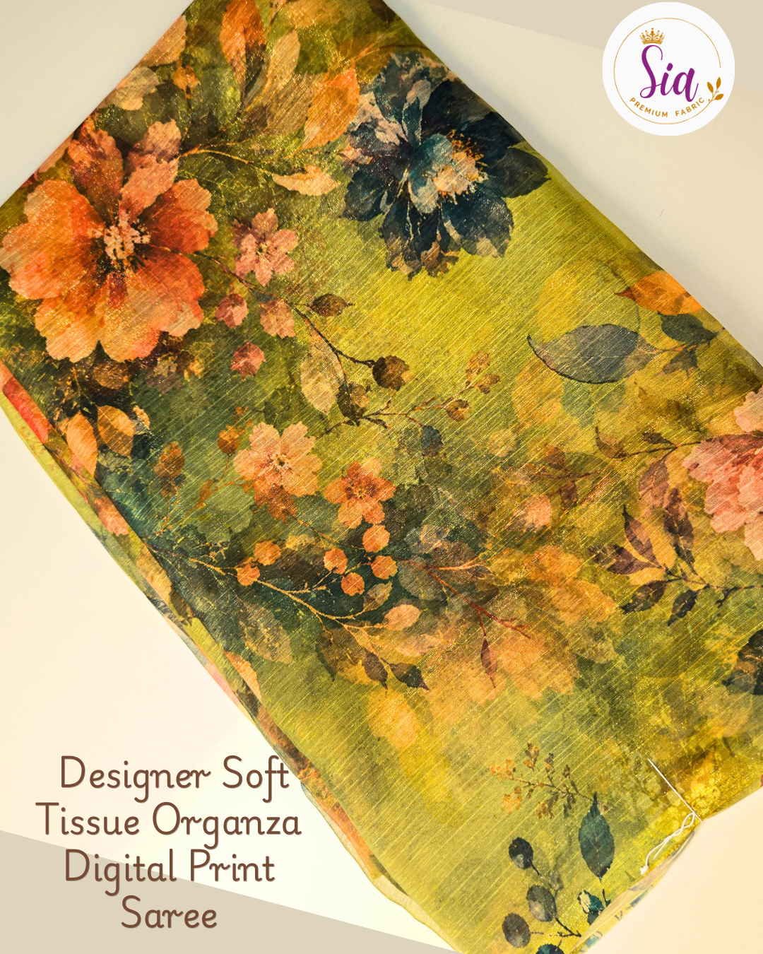 Rustic Olive Green Floral- Sia Designer Soft Tissue Organza Digital Print Saree