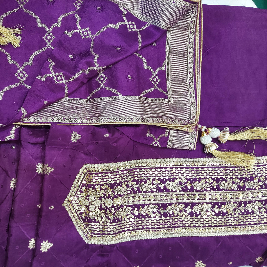 Pure Dola Russian Jacquard Silk Dress Material - Dark Deep Purple