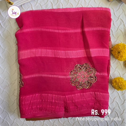 Pink - Chiffon Sarees - With blouse - With Embroidry butta