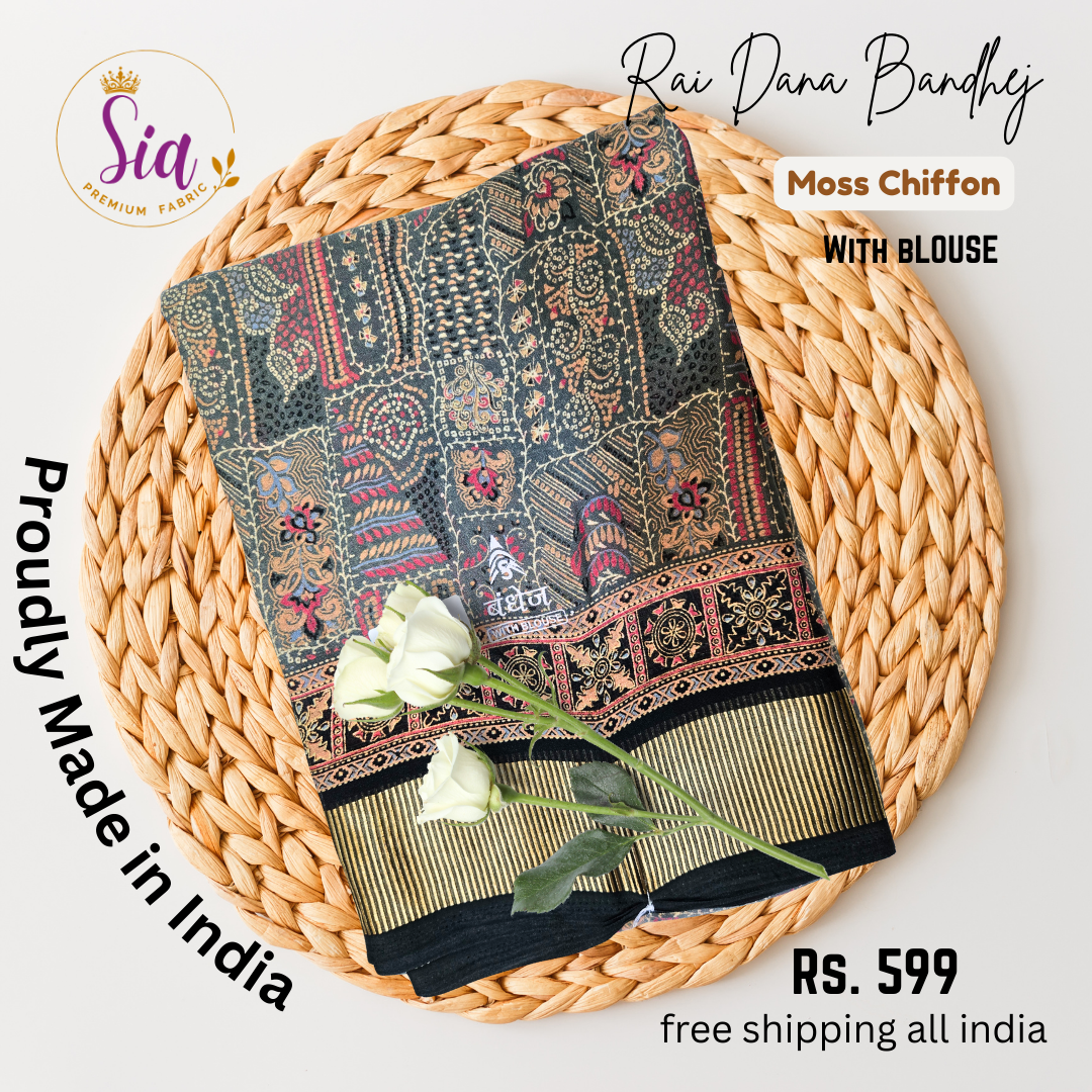 Rai dana Bandhej prints Moss chiffon saree with satin borders