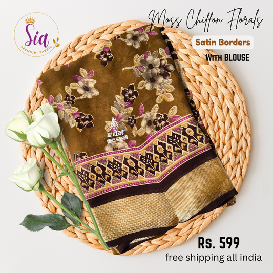 Hazelnut / Caramel Mocha color - Floral prints Moss chiffon