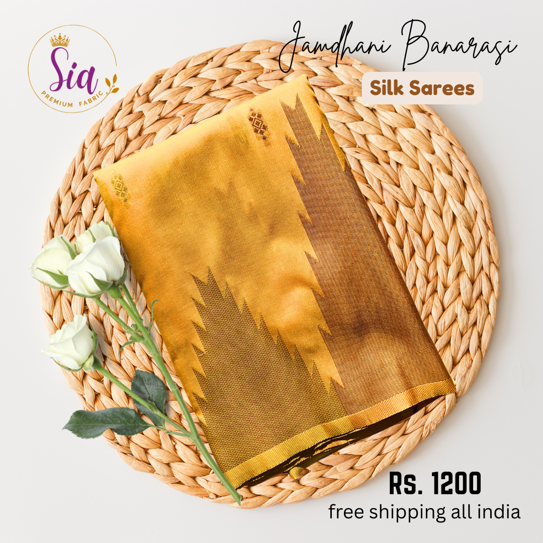 Yellow Soft Silk Saree with Temple borders and zari butti