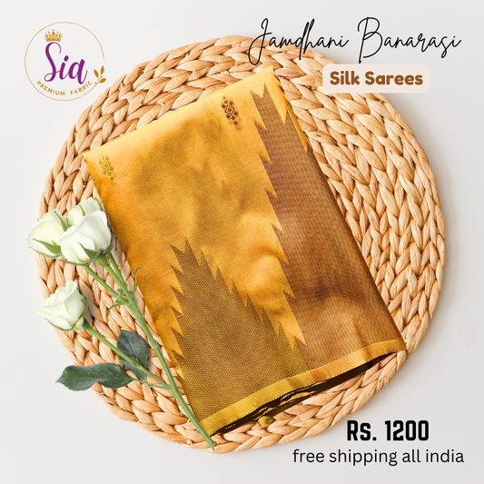 Yellow Soft Silk Saree with Temple borders and zari butti
