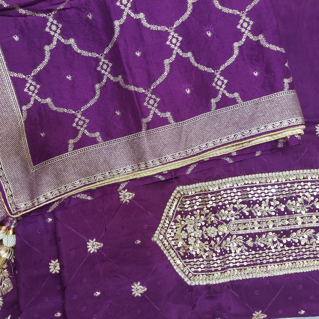Pure Dola Russian Jacquard Silk Dress Material - Dark Deep Purple