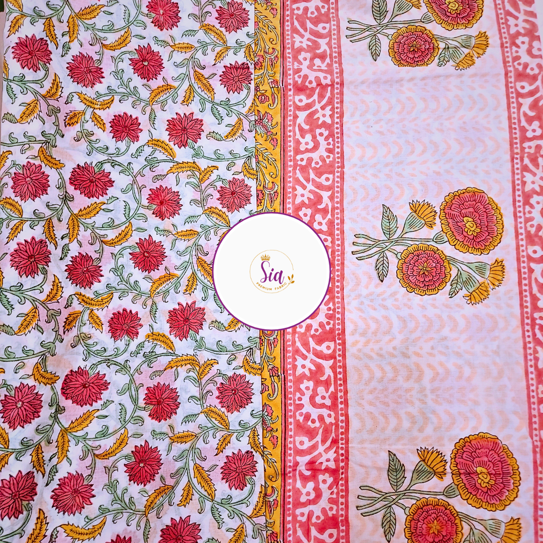Radiant combination of deep red blooms and mustard vines, hand block-printed on airy mul-mul cotton, is a celebration of timeless craft - Sia Premium Fabric