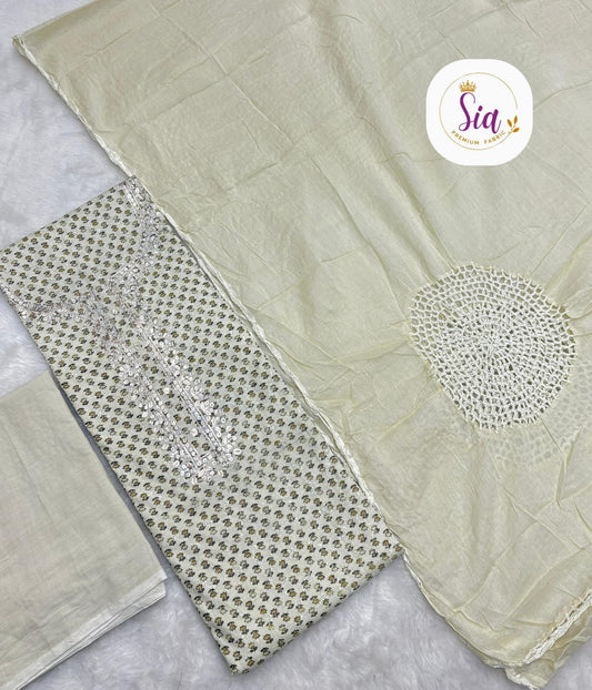 Heavy Crossio-work dupatta in soft pastel ivory colors