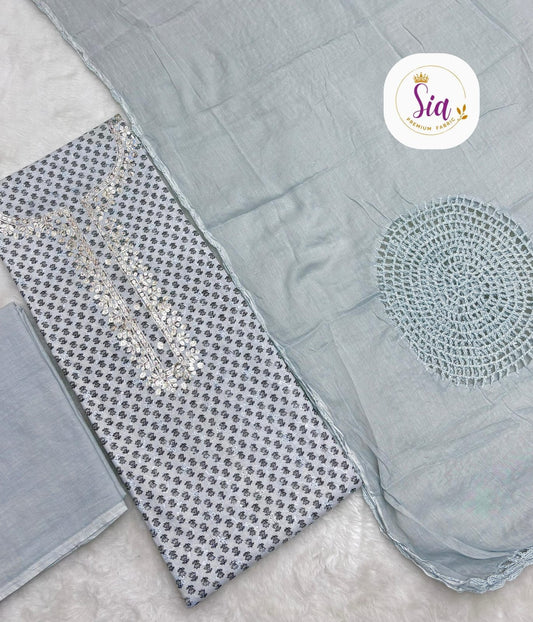 Heavy Crossio-work dupatta in soft pastel blue colors