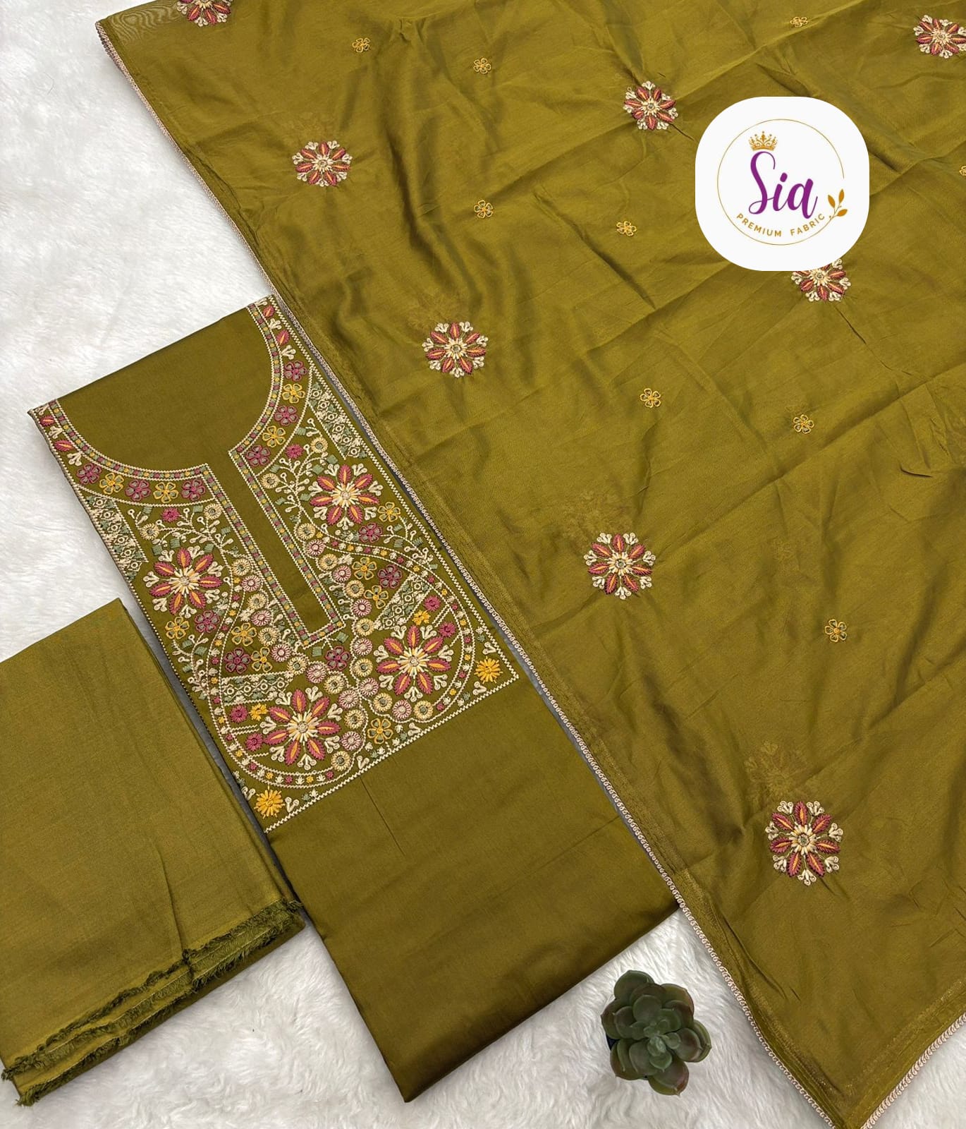 Kashmiri Embroidery Dress Materials - Mehendi color Dress