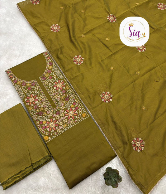 Kashmiri Embroidery Dress Materials - Mehendi color Dress